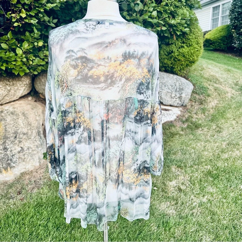 Tempo Paris Sheer Landscape Print Blouse Medium V-Neck High-Low Boho Top - Picture 9 of 10